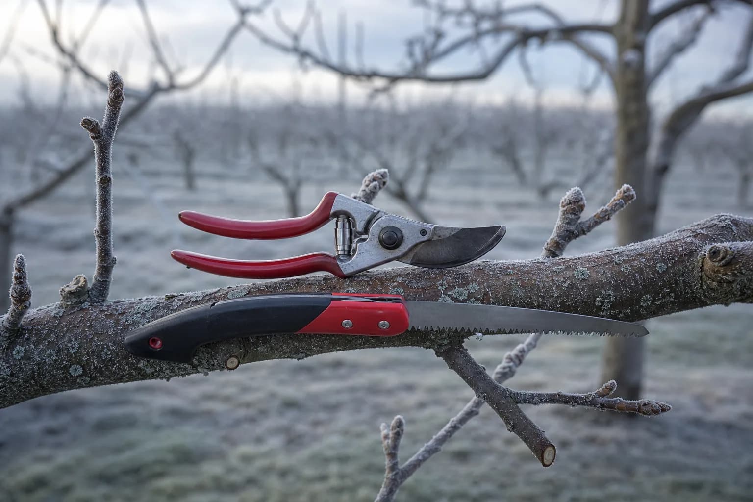 Bypass secateurs and a folding pruning saw resting on a bare apple tree branch in winter